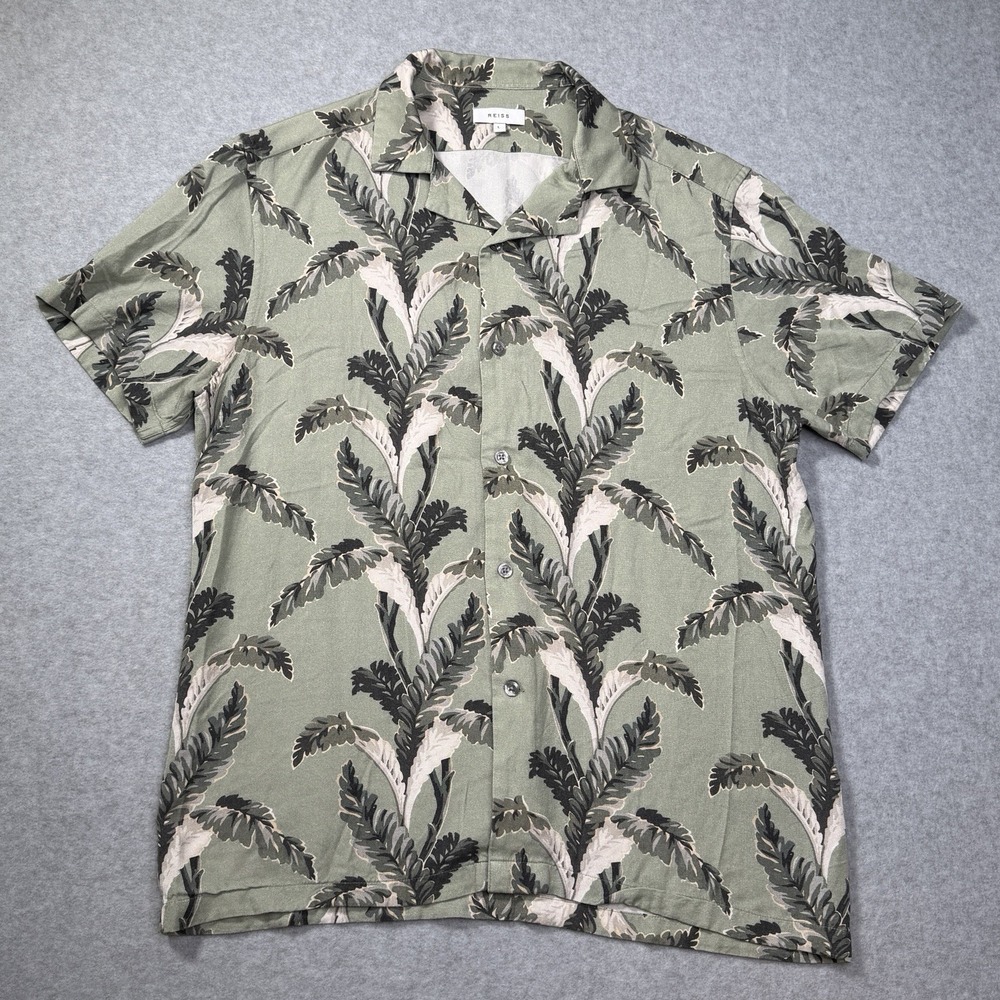 REISS Cuban Collar Camp Shirt Mexicali Men's Large Green Leaf Print Soft Beach